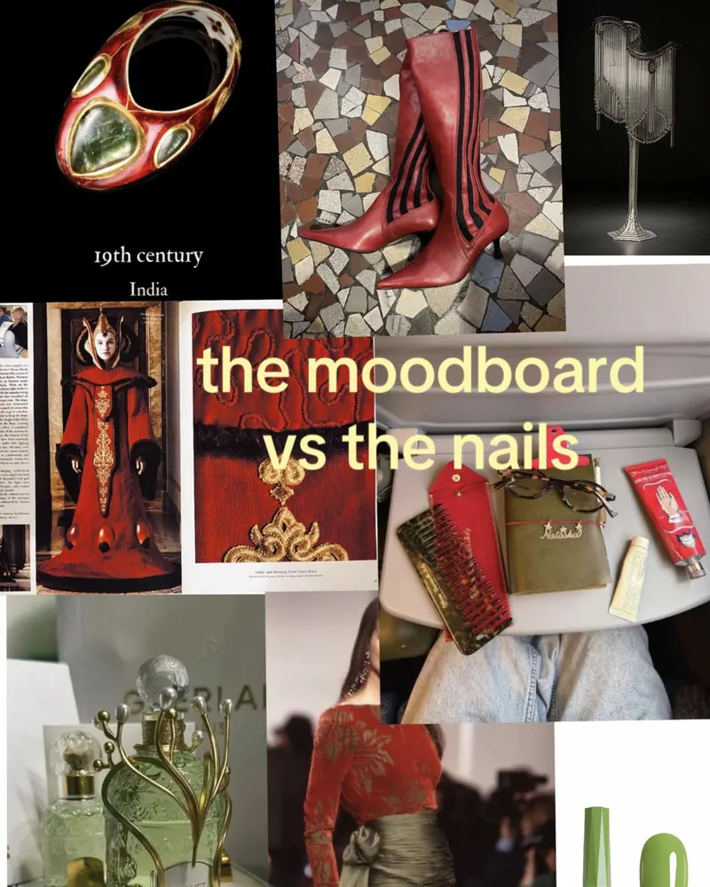 Le moodboard de départ : bague ancienne, bottes rouges, flacon de parfum vert, robe rouge et vernis vert.